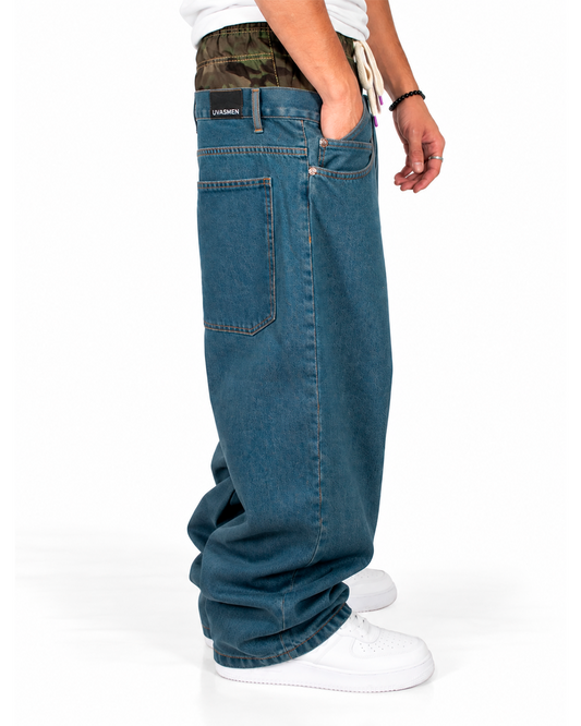 Jean Baggy Hombre Azul Doble Cintura Camuflada