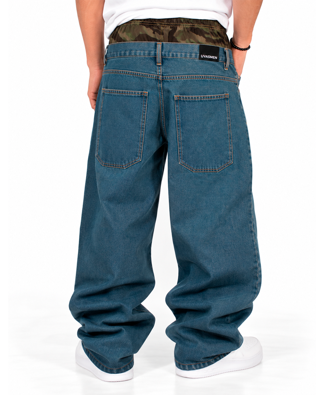 Jean Baggy Hombre Azul Doble Cintura Camuflada