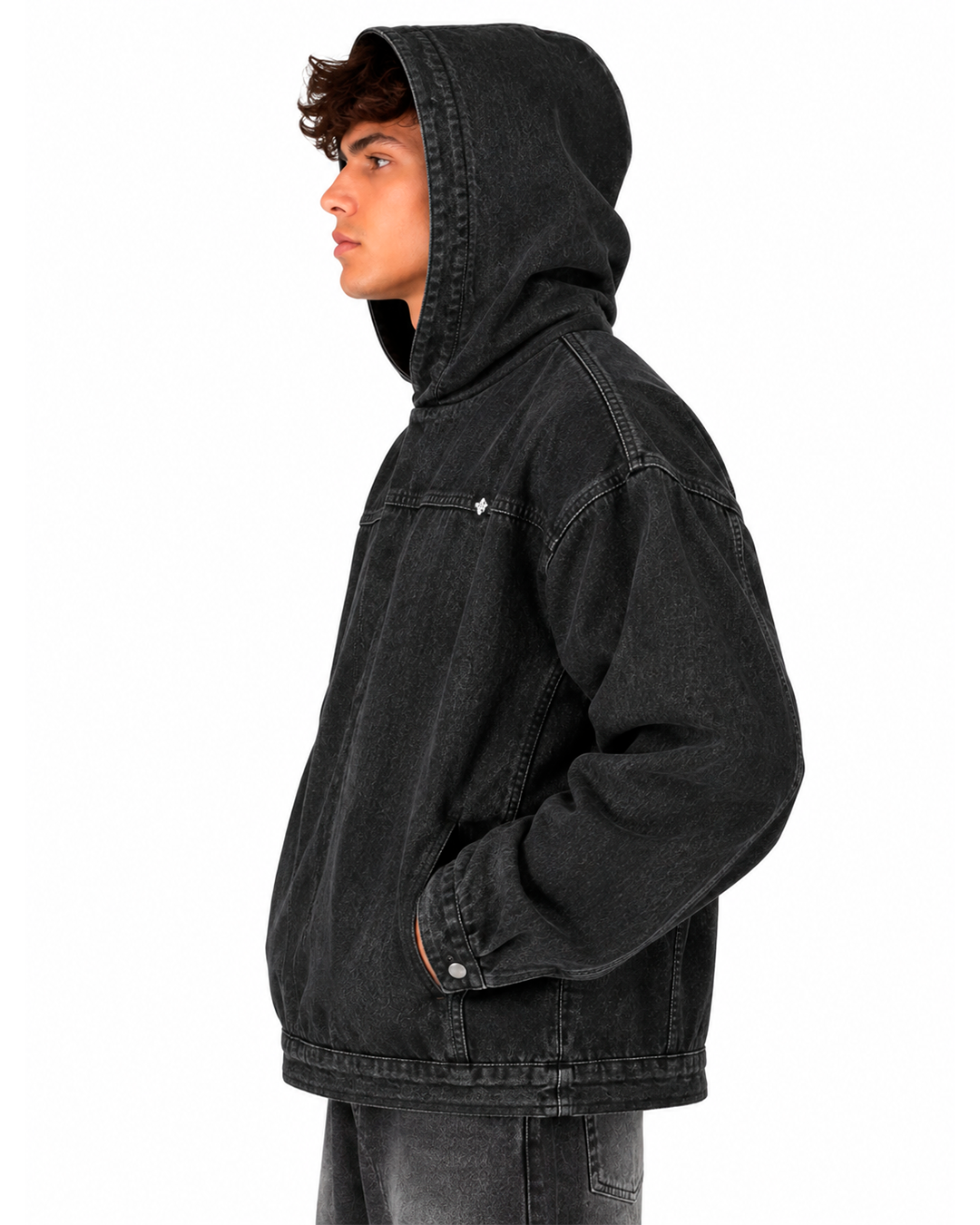 Hoodie Denim Hombre Negro Lavado Oversize – Capucha y Bolsillos Laterales