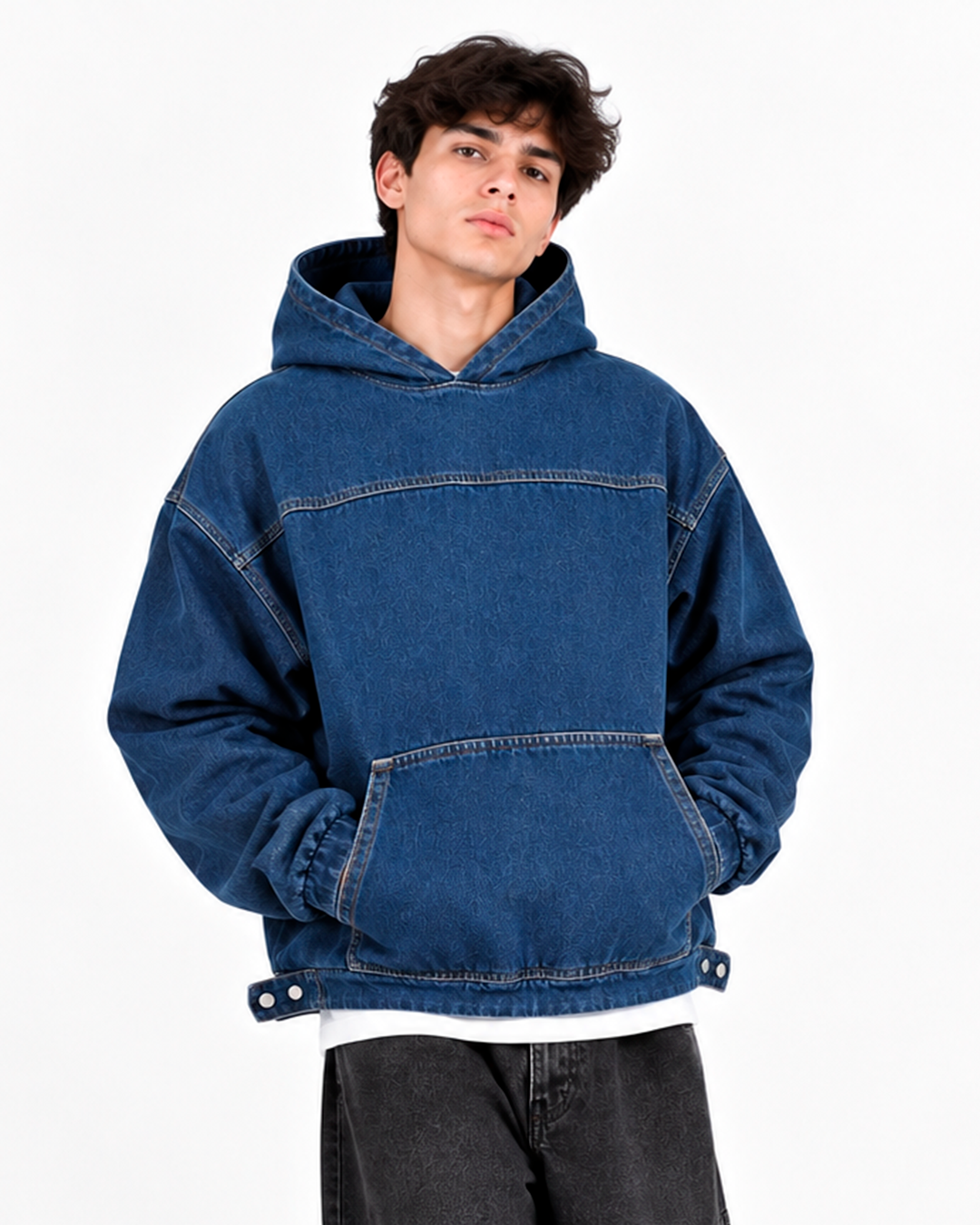 Hoodie Denim Hombre Azul Oscuro Oversize – Bolsillo Canguro