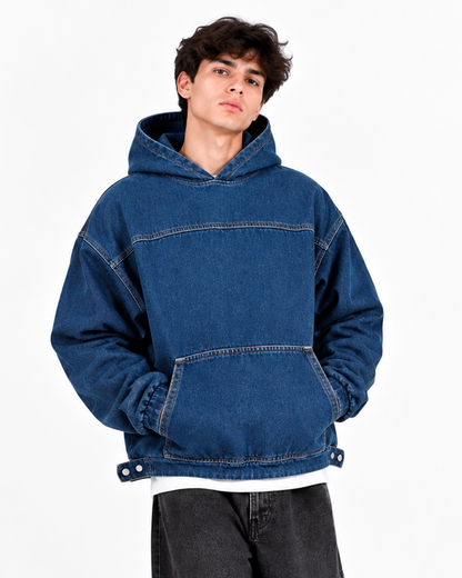 Hoodie Denim Hombre Azul Oscuro Oversize – Bolsillo Canguro