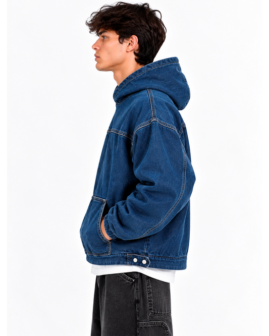 Hoodie Denim Hombre Azul Oscuro Oversize – Bolsillo Canguro