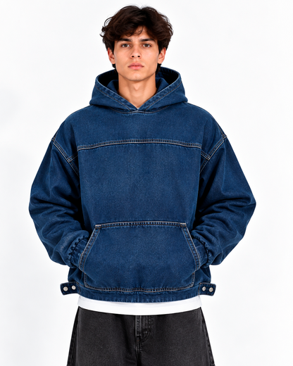 Hoodie Denim Hombre Azul Oscuro Oversize – Bolsillo Canguro
