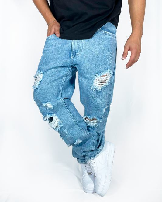 Pantalón Con Desgaste Azul Hielo