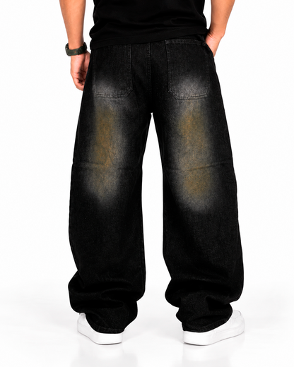 Jean Baggy Hombre Negro Lavado Gastado Wide Leg