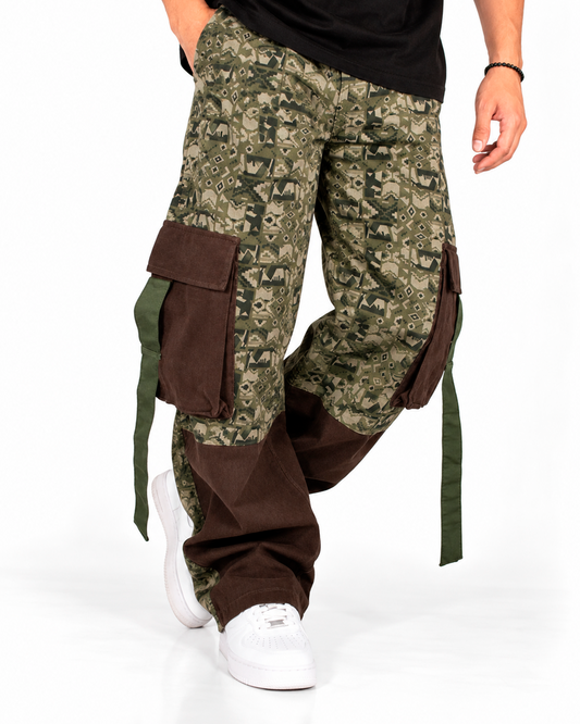 Pantalón Cargo Baggy Hombre Camuflado Verde y Café – Bolsillos Laterales