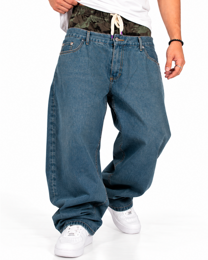 Jean Baggy Hombre Azul Doble Cintura Camuflada
