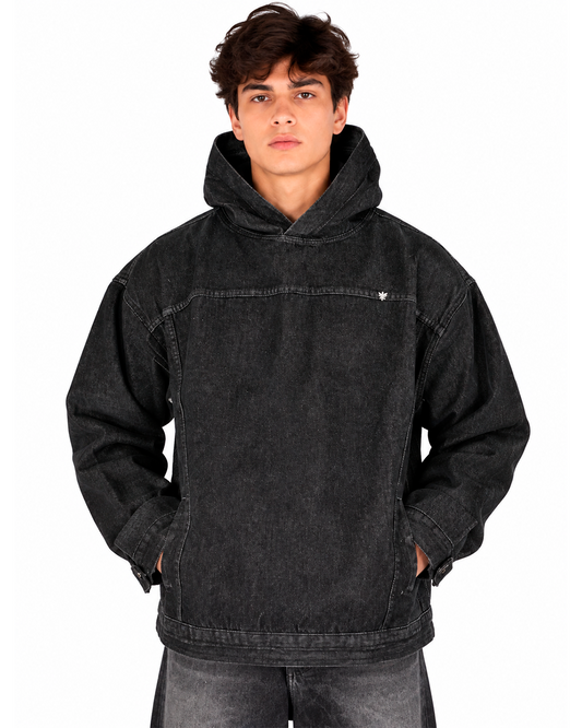 Hoodie Denim Hombre Negro Lavado Oversize – Capucha y Bolsillos Laterales