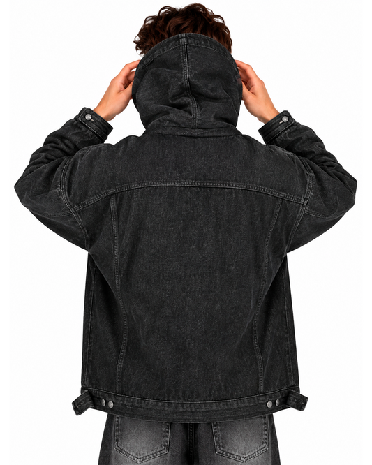 Hoodie Denim Hombre Negro Lavado Oversize – Capucha y Bolsillos Laterales