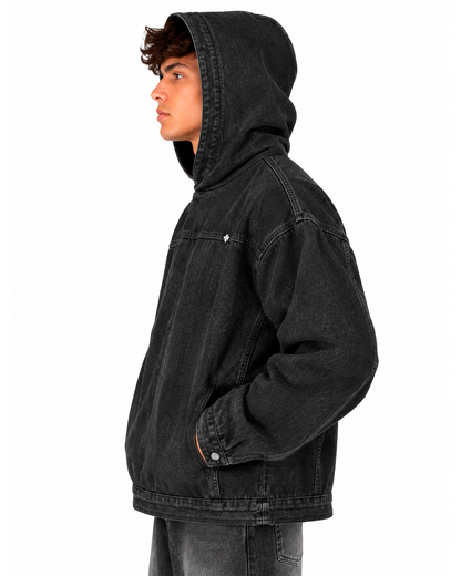 Hoodie Denim Hombre Negro Lavado Oversize – Capucha y Bolsillos Laterales