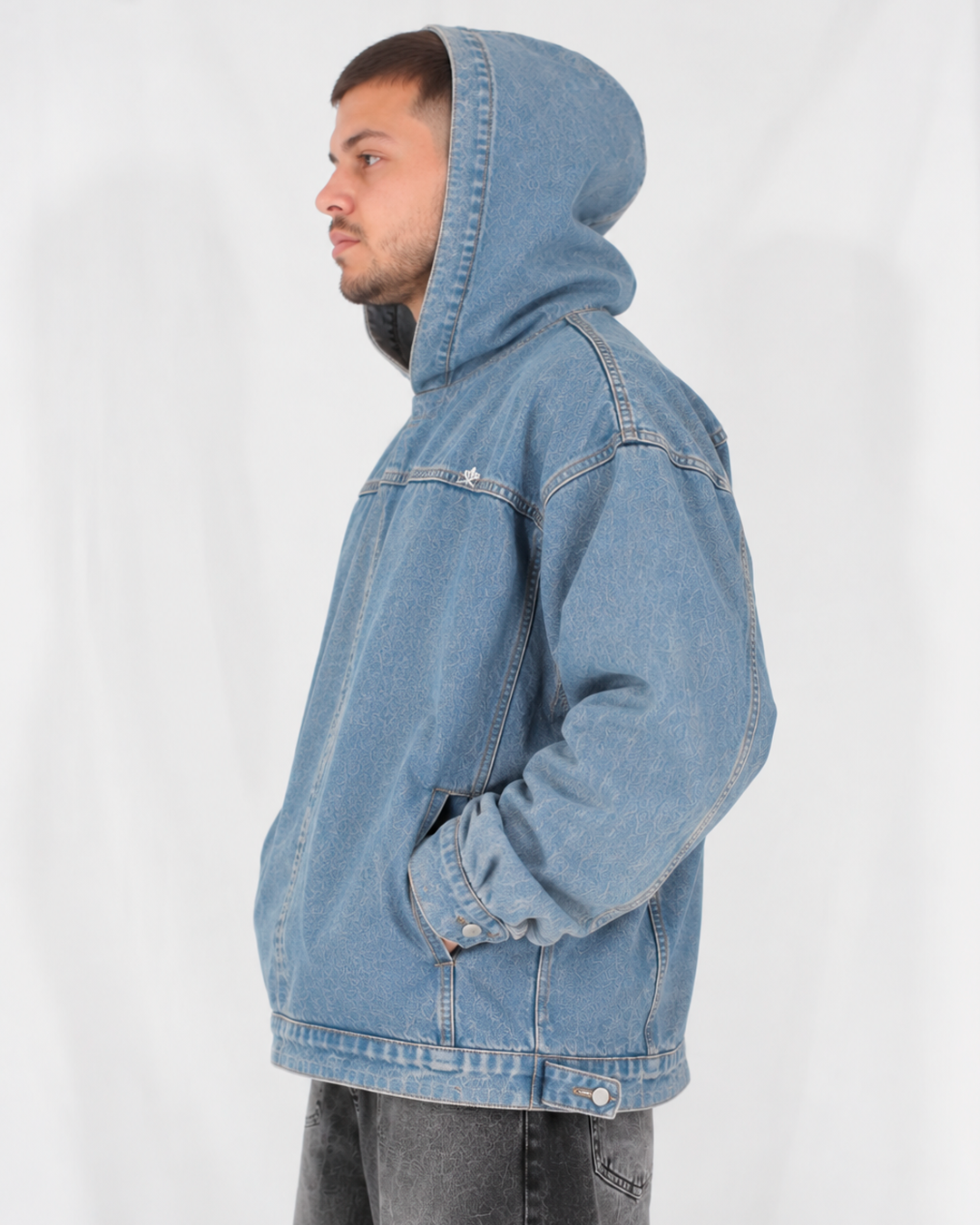 Hoodie Denim Hombre Azul Claro Oversize