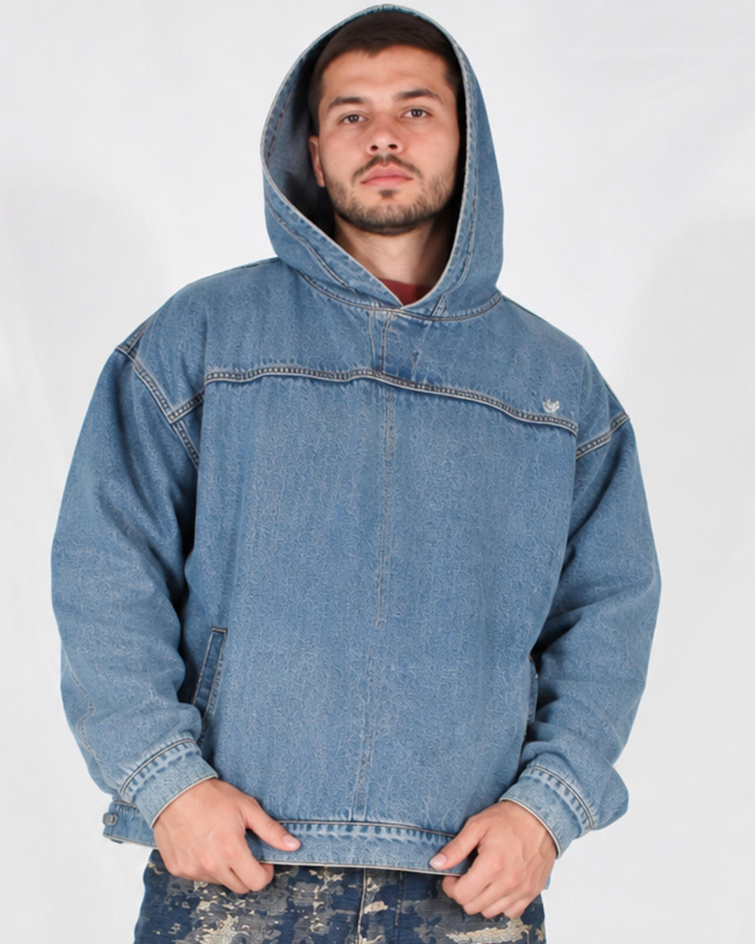 Hoodie Denim Hombre Azul Claro Oversize
