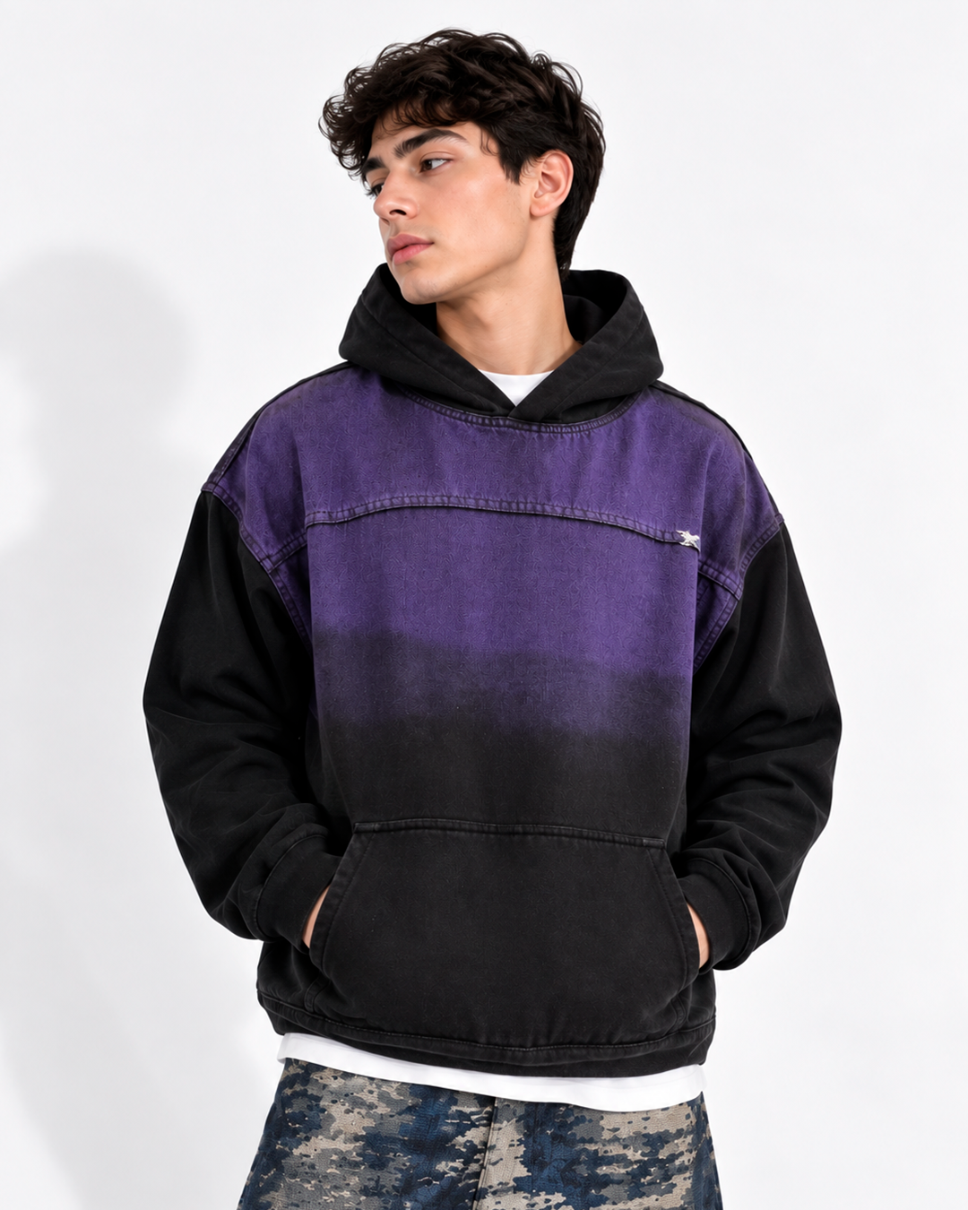 Hoodie Denim Hombre Morado y Negro Degradado Oversize