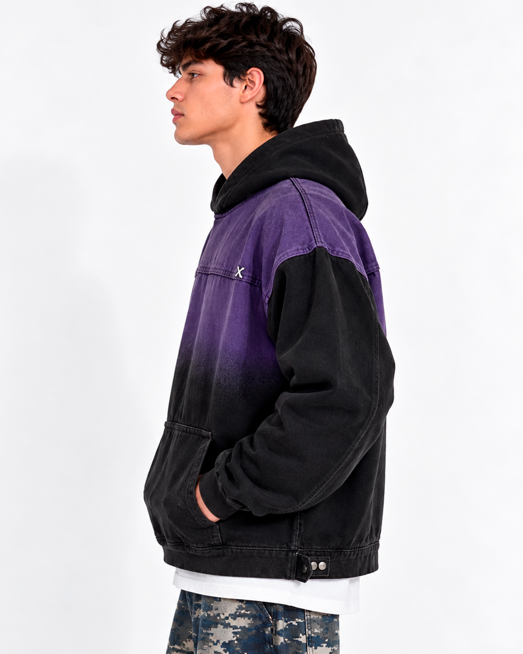 Hoodie Denim Hombre Morado y Negro Degradado Oversize